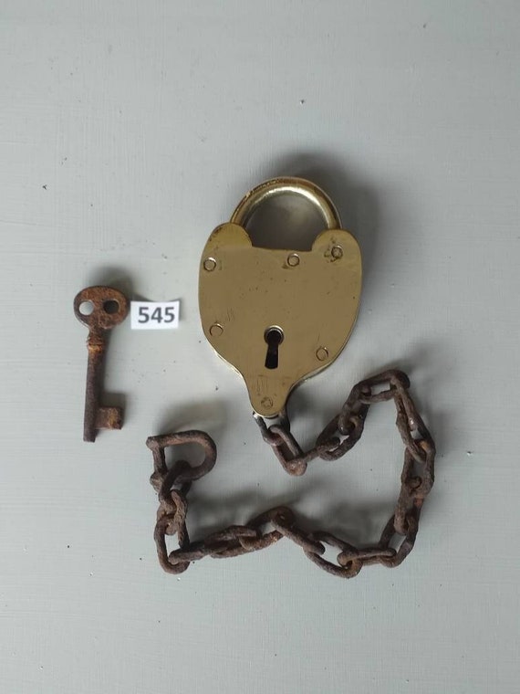 Vintage Very Large Brass Goods Wagon Padlock & Chain in