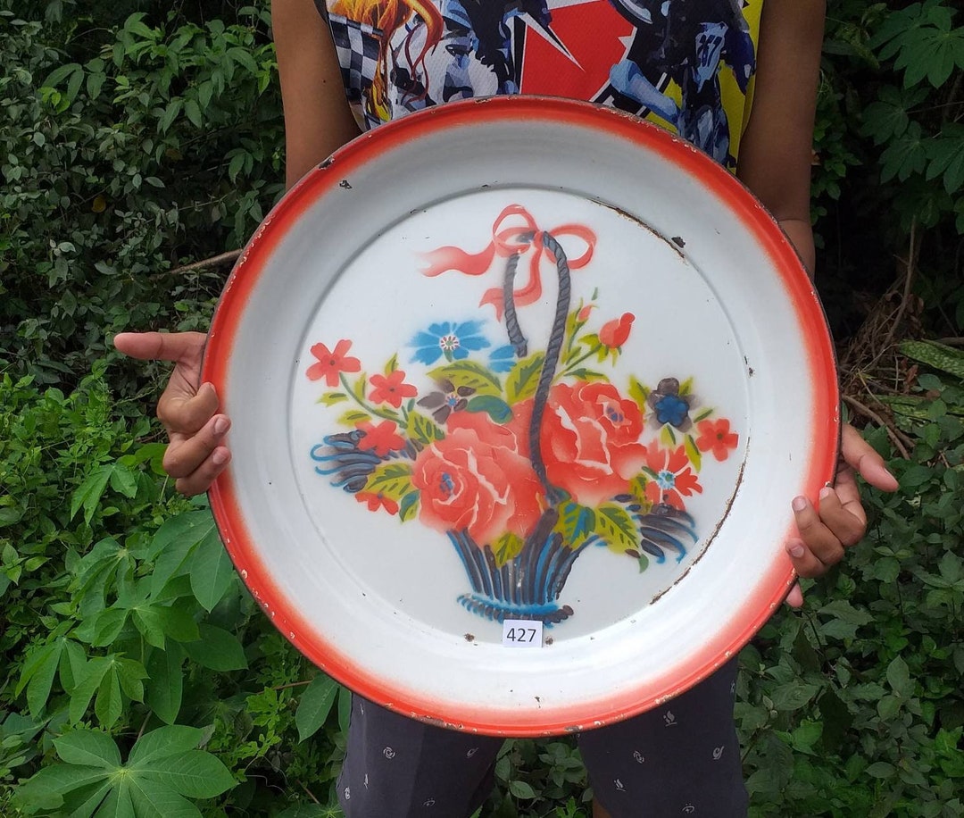 Giant Sized Vintage Enamelware Tray With Basket for Flowers Design in
