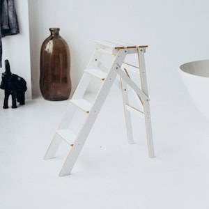 Ladder Stool, Step Stool, 4-step step ladder stool for home, kitchen and interior. WHITE & NATURAL WOOD