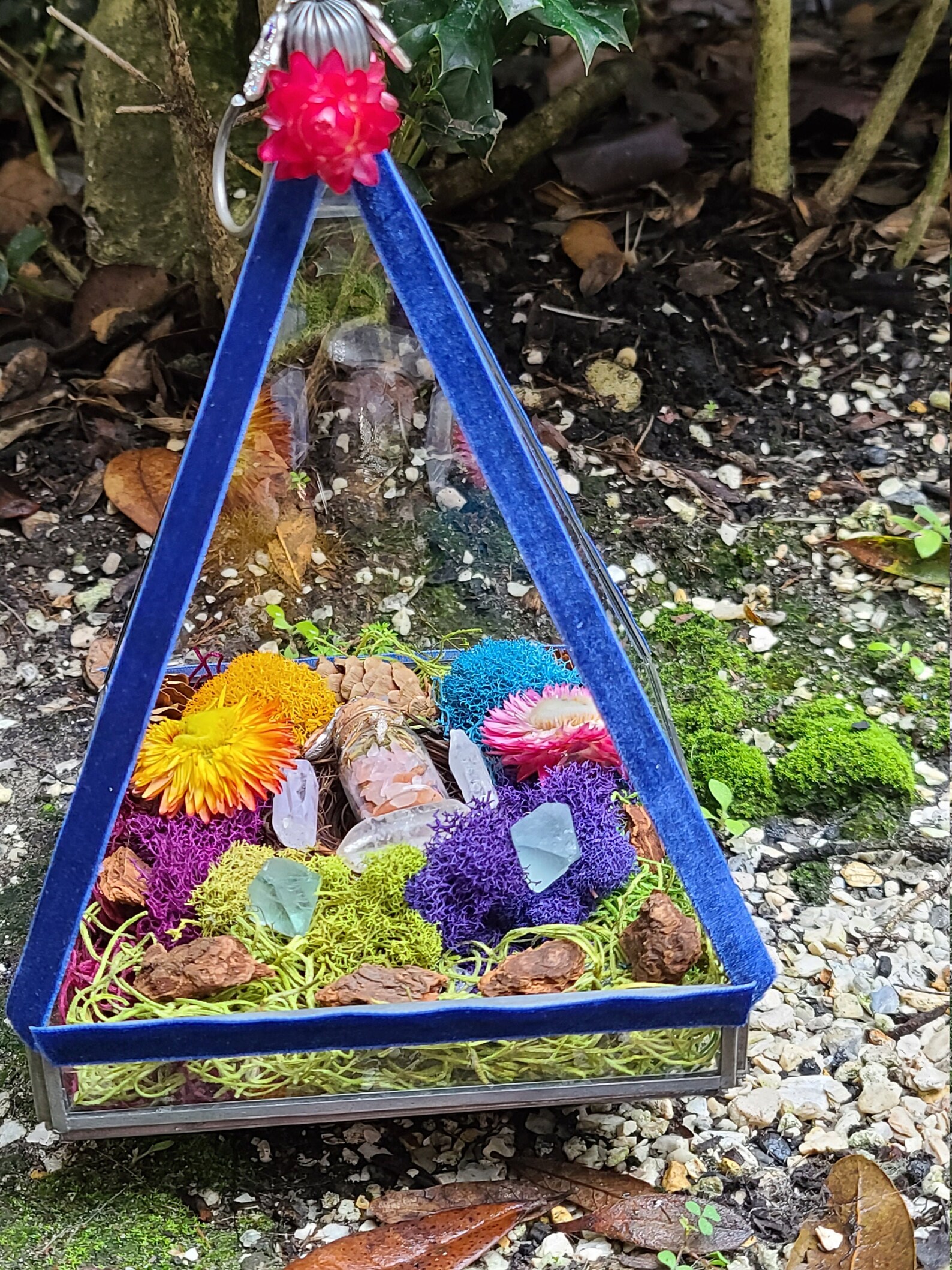 CRYSTAL witch/fairy garden triangular terrarium with spell Etsy