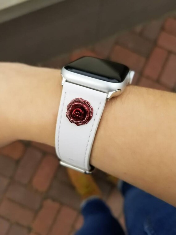 RED ROSE White Leather Apple Watch Band 