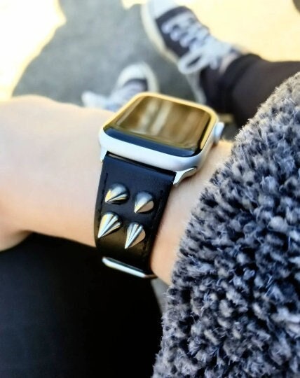 SPIKES Black Leather Apple Watch Band Spiked 38MM 40MM 41MM 42MM 44MM 45MM  Goth Bracelet Gothic Spiked Bracelet Punk Rock Mens Black Watch