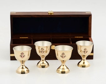 Set of 6 Antique Style Brass Shot Glass With Wooden Box Gift