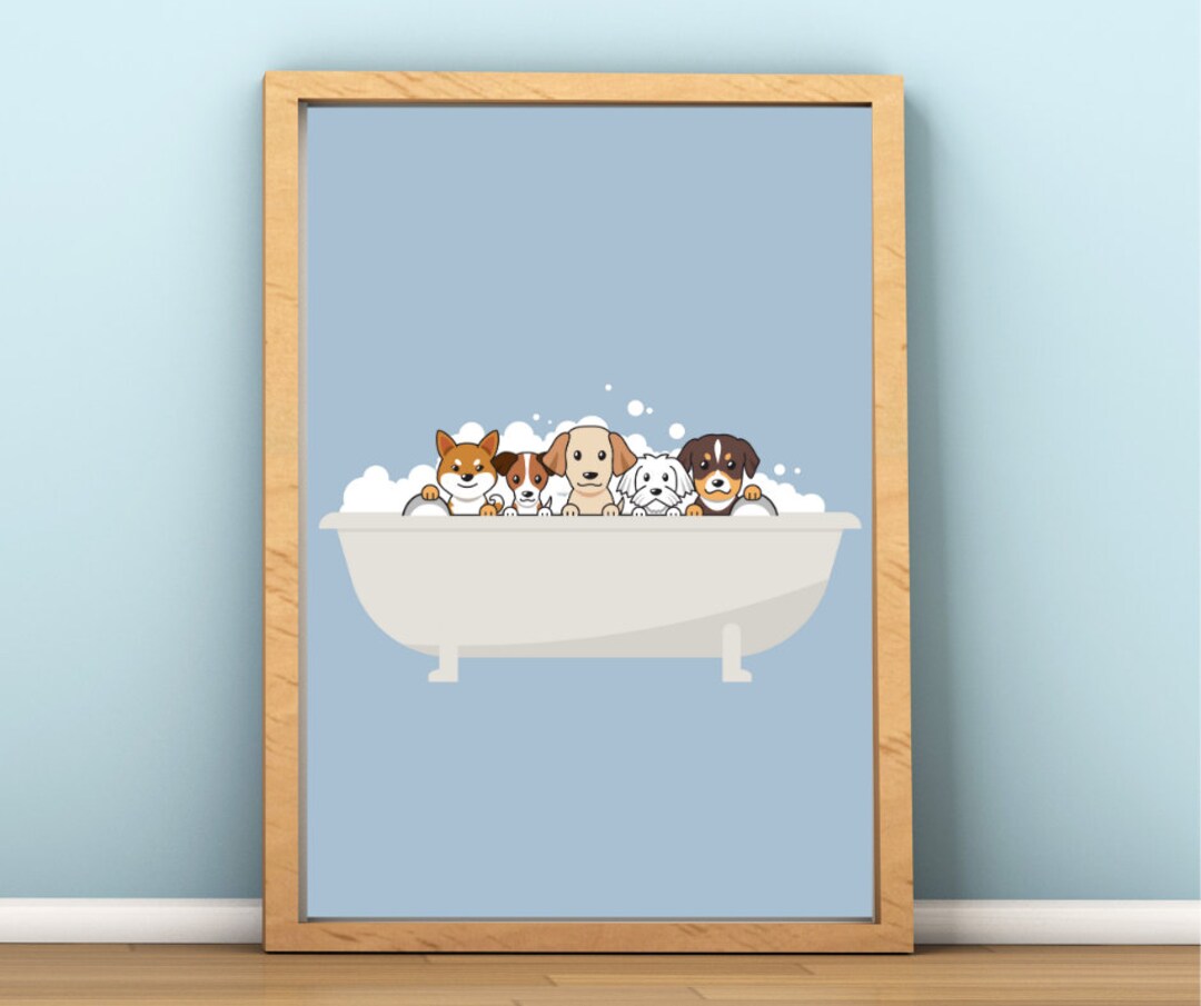 DIGITAL &amp; PRINTABLE Dog Bubble Bath Print A4 Wall Art, Bathroom Decor ...