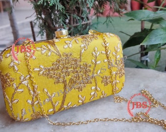 Clutch Bag Floral Satin Mustard Yellow Evening Bag Shoulder Bag Ladies Handbag