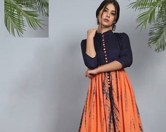 Tye And Dye Shibori Long Length Kurti Gown, Designer Orange Blue Long Length Gown For Women,