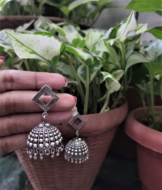 Traditional Oxidized Silver Black Metal Diamond Shape Jhumka