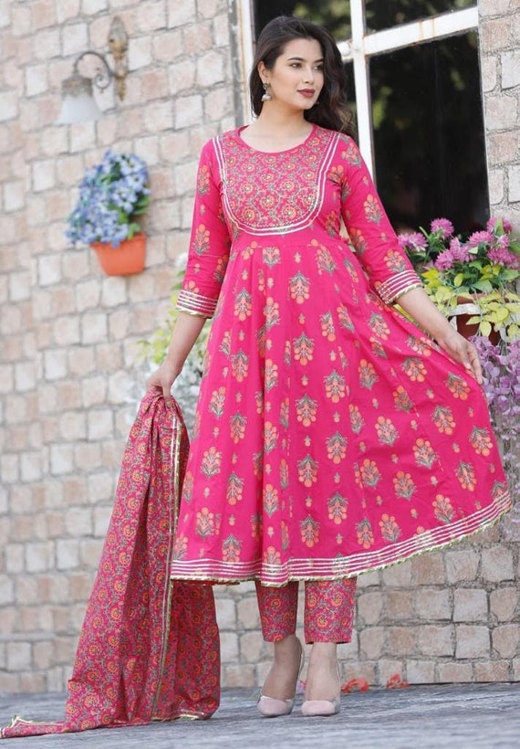 Indian Handmade Rayon Anarkali Kurti, Pant & Dupatta Heavy Gota Lace Work  Dress | eBay