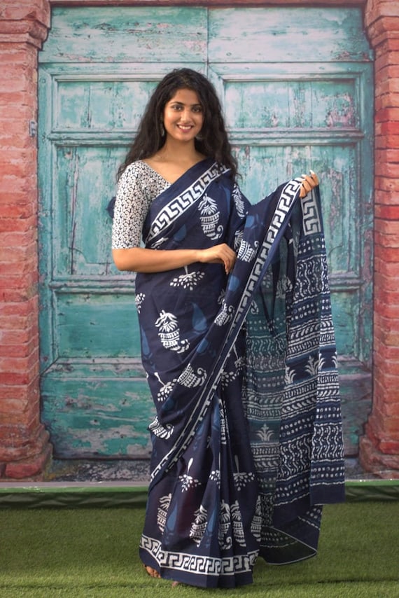 Buy Indigo Printed Pure Mulmul Cotton Hand Block Printed Indian Jaipuri  Saree With Attached Unstitched Saree Blouse, Gift for Her, Online in India  