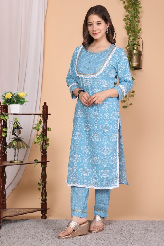 Yellow and Blue Cotton Printed Kurti with Pant and Dupatta – Thogai Threads