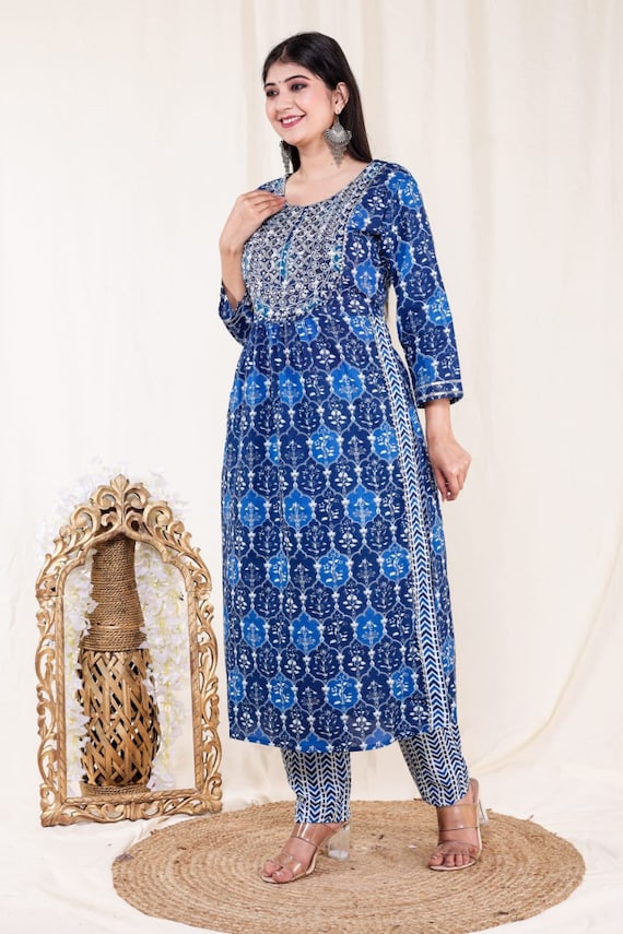 Indian Women Blue A-Line Printed Indigo Kurta Kurti Dress Top Tunic  Pakistani | eBay