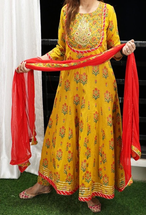 Buy Yellow & Red Cambric Cotton Embroidered Women's Salwar Suit With  Digital Printed Dupatta Online at Best Prices in India - JioMart.