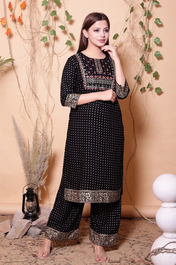 Cotton Black Embroidered Kurti Pant Set, Size: Large, 200 Gsm at Rs 365/set  in Jaipur