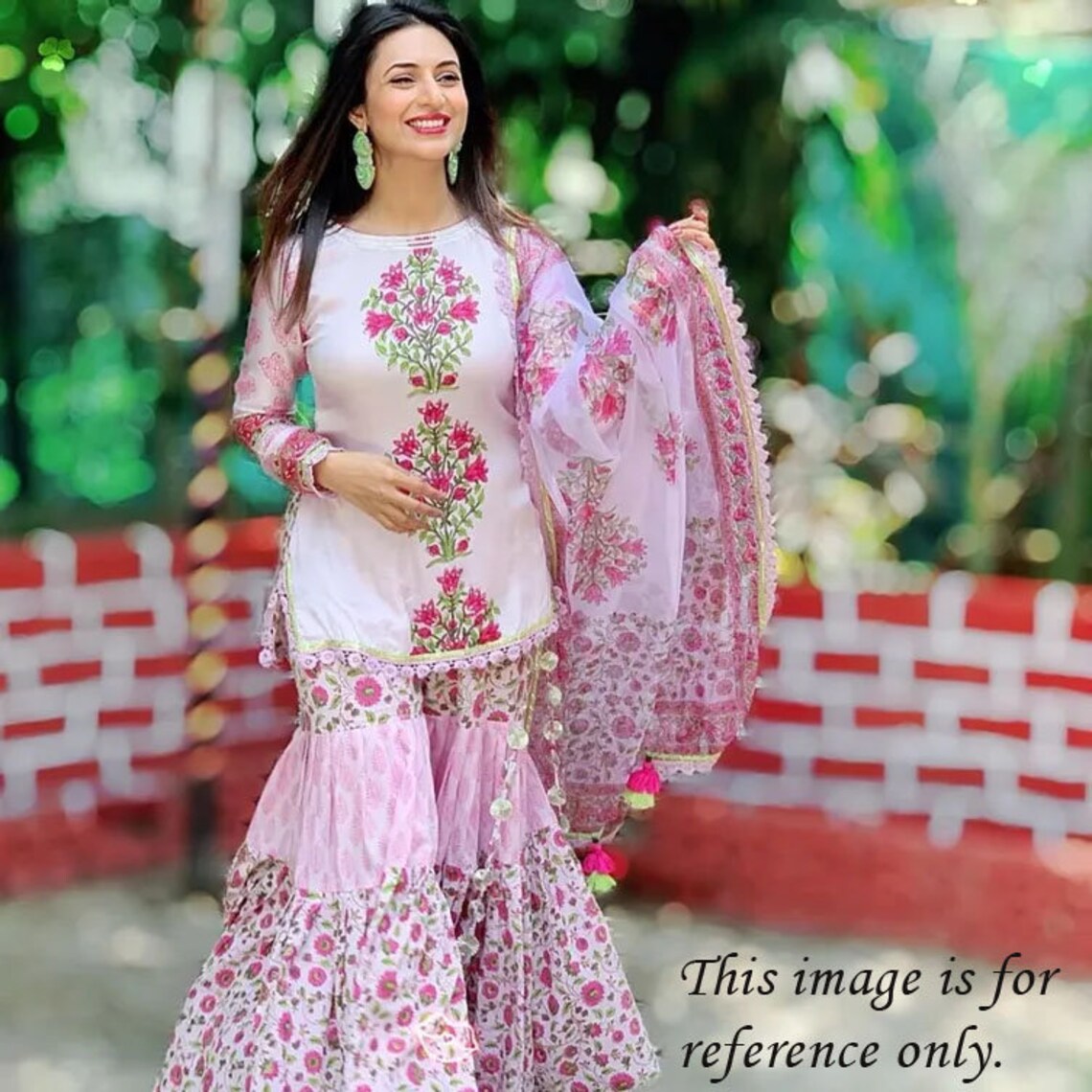 Floral Printed Lace Detailed Kurti With Sharara And Dupatta main image 0