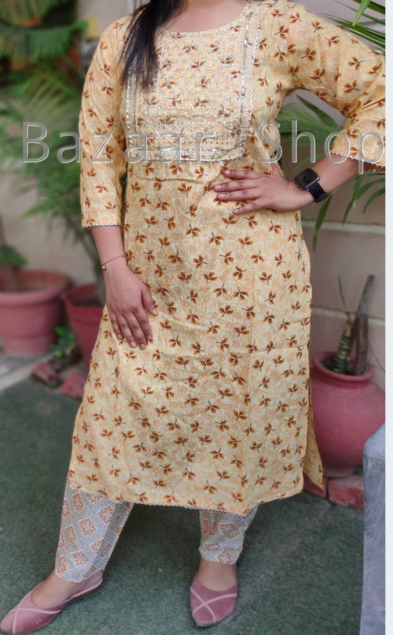 Rayon Designer Printed Kurti Pant Dress With Lace and Silver