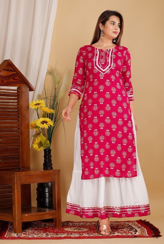 Prabhati Rayon Gujrati And Pom Pom Lace Kurti And Skirt Set