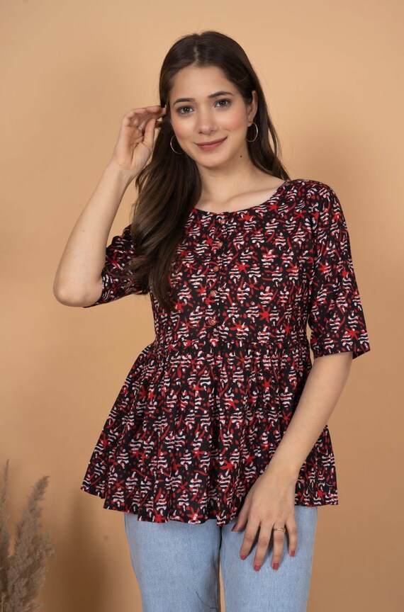 Kurtis for Women Black & Red Printed A-line Kurti Top Tees Short Kurta  Indian Tunics Summer Top Tees for Women Short Ethnic Kurta - Etsy | Cotton kurti  designs, Fashion tops blouse,