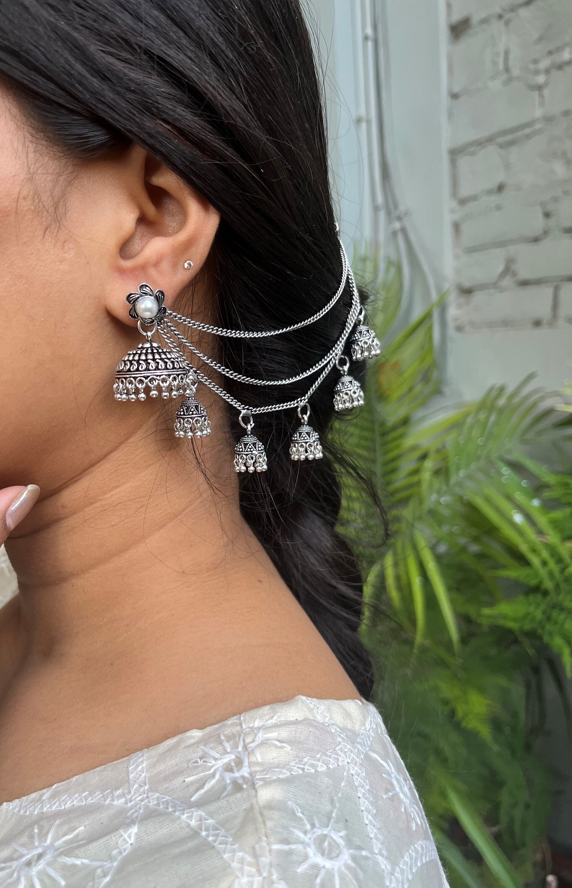 Bahubali Oxidised Silver Black Metal Layered Jhumka Earrings