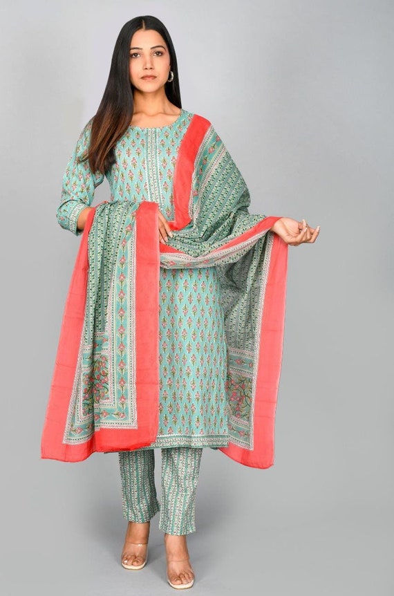Buy Clickedia Womens Fully Stitched Cotton Printed Straight Kurti with  Gotta Patti , Lace and Cotton Dupatta with Pants Jaipuri Salwar Suit Online  at Best Prices in India - JioMart.