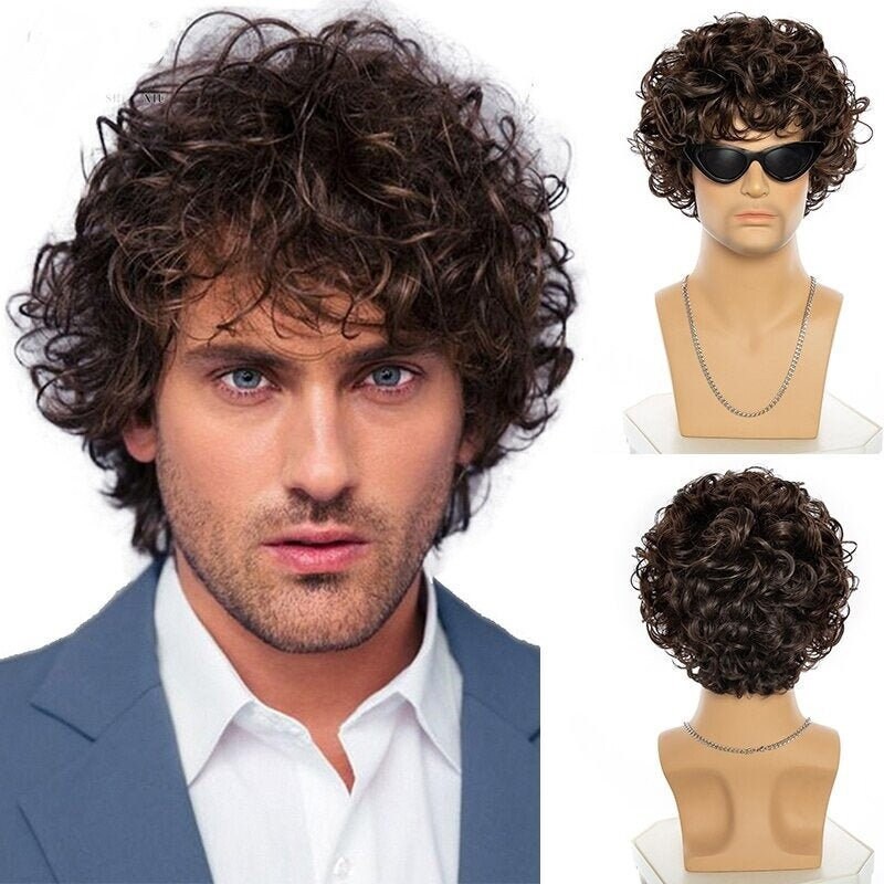 Mens Curly Wig in Brown Natural Looking Toupee Etsy