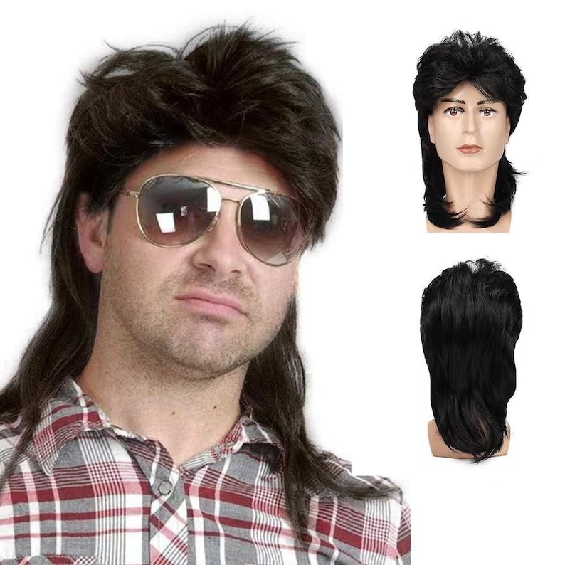 Retro Mens Mullet Wig Long Natural Looking Toupee Hair Piece in 3