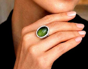 Sultanite Halo Ring, Color Changing Oval Gemstone, 925 Sterling Silver Statement Ring