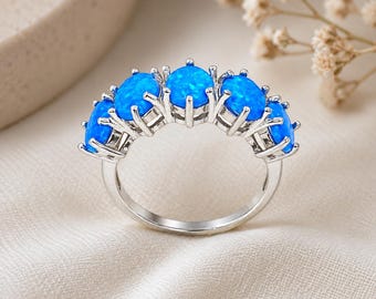 Sterling Silver Blue Opal Ring, 5-Stone Band, Dainty Jewelry