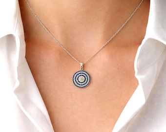 Evil Eye Necklace, Sterling Silver, Blue Sapphire Amulet Pendant, Protection Jewelry