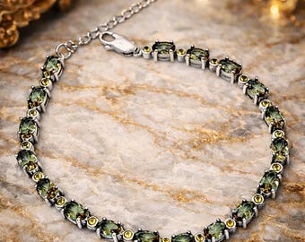925 Sterling Silver Sultanite Tennis Bracelet, Color-Changing Oval Cut Gemstones,Luxury Adjustable Womens Bracelet