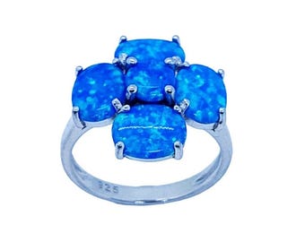 Blue Opal Clover Ring, Sterling Silver Art Deco Shamrock Jewelry, Turkish Handmade Luck Ring
