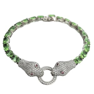 925 Sterling Silver Sultanite Bracelet, Luxury Color Changing Gemstones, Double Panther Head Design, Sparkling CZ, Unique Gift for Her