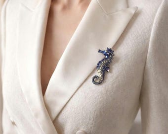 Handmade Sterling Silver Seahorse Brooch with Enamel and Marcasite, Unique Sea Life Jewelry, Vintage Style Animal Pin - Handmade Turkish Art
