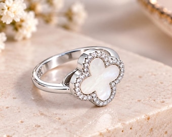 Glücksklee-Ring, Vierblättriger Klee-Ring, 925er Sterlingsilber-Glücksring, Handgefertigter Statement-Ring aus Silber, Geschenk für Sie