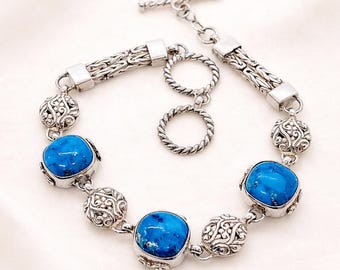 Natural Turquoise Filigree Bracelet, 925 Sterling Silver,  Handmade Turkish Jewelry, Authentic Anatolian Pattern Artisan Design