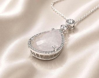 Tropfenförmige Quarz-Halskette, Anhänger aus 925er Sterlingsilber, rhodiniert, verstellbare Schiebekette, handgefertigter Schmuck