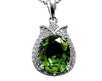 Green Peridot Necklace, Sterling Silver Halo Pendant, August Birthstone Jewelry