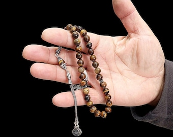 Handmade Tiger's Eye Tasbih, 925 Silver Islamic Prayer Beads, Ottoman Tughra