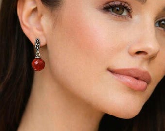 Red Agate Drop Earrings, Sterling Silver Dangle Earrings, Gemstone Jewelry