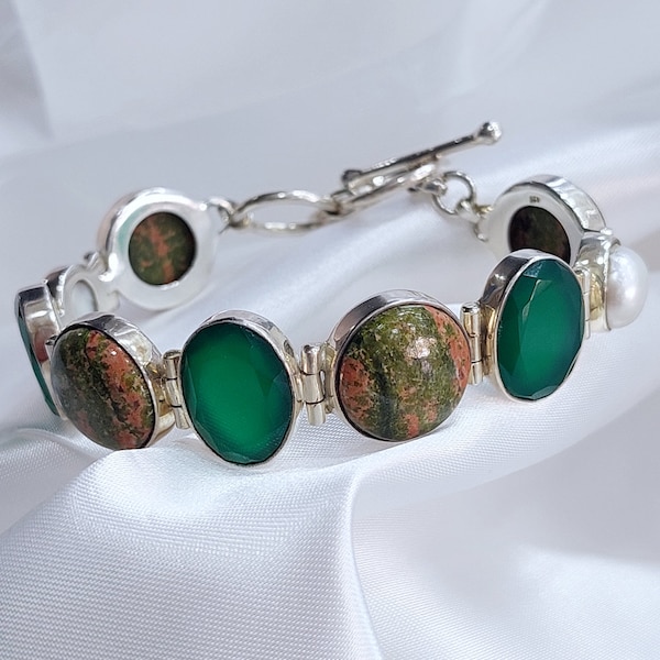 Raw Emerald Baroque Pearl Unakite Handmade Silver Bracelet, Size Adjustable, Gift For Her, 925 Sterling Turkish Jewelry, Mothers Day