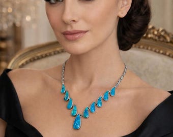 Handmade Sterling Silver Blue Opal Waterdrop Necklace, Turkish Artisan Jewelry