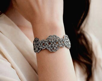 Handmade 1000 Silver Kazaziye Bracelet, Ottoman Love Knot, Oxidized Cuff Jewelry