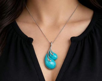 Handmade Turquoise Teardrop Pendant Necklace, 925 Sterling Silver, Modern Minimalist Jewelry