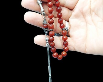 Sterling Silver Agate Tasbih, Handmade Ottoman Prayer Beads, Islamic Gift