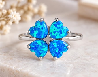 Ring mit vierblättrigem Kleeblatt aus blauem Opalit, 925er Sterlingsilber, Glücksklee-Schmuck