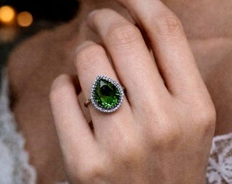Sultanite Pear Halo Ring, Color Change Gemstone, Sterling Silver, Vintage Inspired Statement