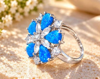 Blauer Opalring aus 925er Sterlingsilber, rhodiniert, floraler Cocktailring, Statement-Schmuck, elegantes Geschenk für Sie