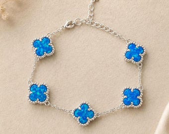 925 Sterling Silver Blue Opal Clover Bracelet, Adjustable Silver Bracelet, Opal Flower Bracelet, Gift for Her, Luxury Jewelry