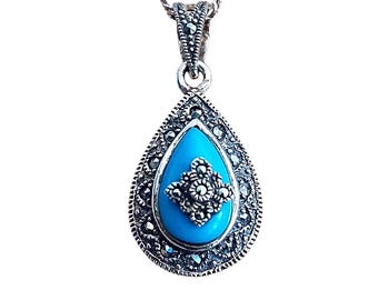Sterling Silver Turquoise Marcasite Pendant Necklace - Ottoman Vintage Jewelry