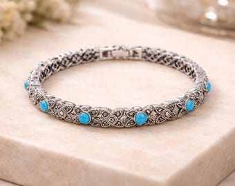Pulsera de plata de ley con turquesa y marcasita, brazalete de filigrana otomana, estilo art déco.