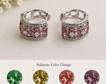 Farbwechselnde Sultanit-Ohrringe, 925er Sterlingsilber, Sultanit-Edelstein-Creolen, Brillantschliff, eleganter Statement-Schmuck